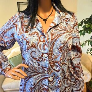 Blue, White, Brown Woman's Paisley Long Sleeve Blouse Size Small